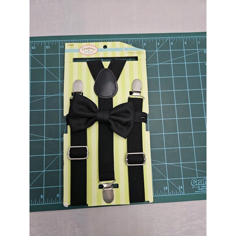 Boys Black Adjustable Elastic Clip-On Suspenders & Bow Tie 0 To 12 Months
